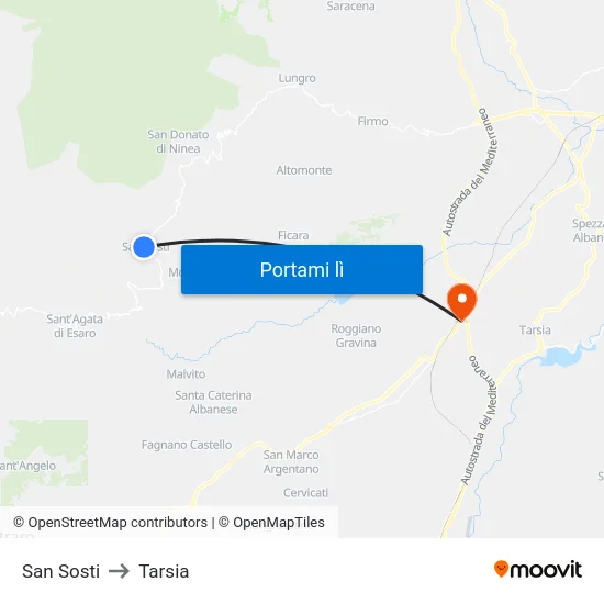 San Sosti to Tarsia map
