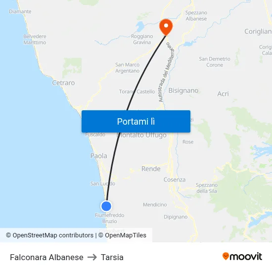 Falconara Albanese to Tarsia map