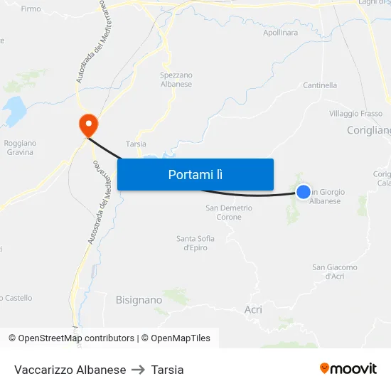 Vaccarizzo Albanese to Tarsia map