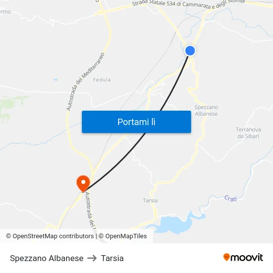 Spezzano Albanese to Tarsia map
