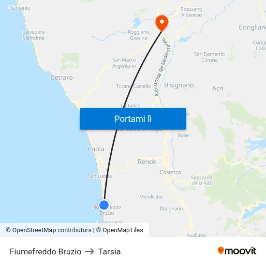 Fiumefreddo Bruzio to Tarsia map