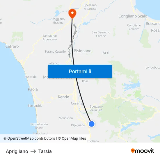 Aprigliano to Tarsia map