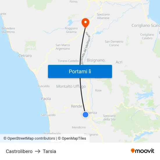 Castrolibero to Tarsia map
