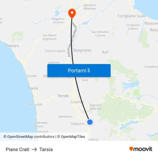 Piane Crati to Tarsia map