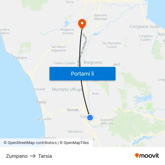 Zumpano to Tarsia map