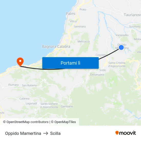 Oppido Mamertina to Scilla map