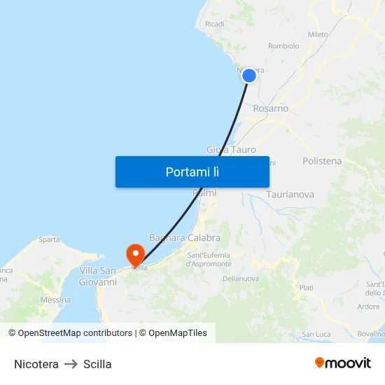 Nicotera to Scilla map