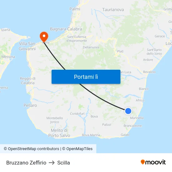 Bruzzano Zeffirio to Scilla map
