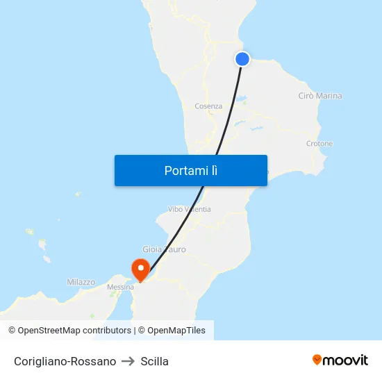 Corigliano-Rossano to Scilla map