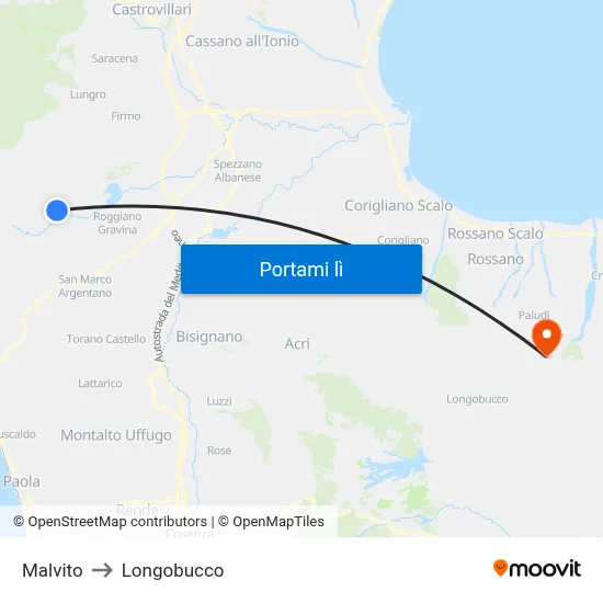 Malvito to Longobucco map
