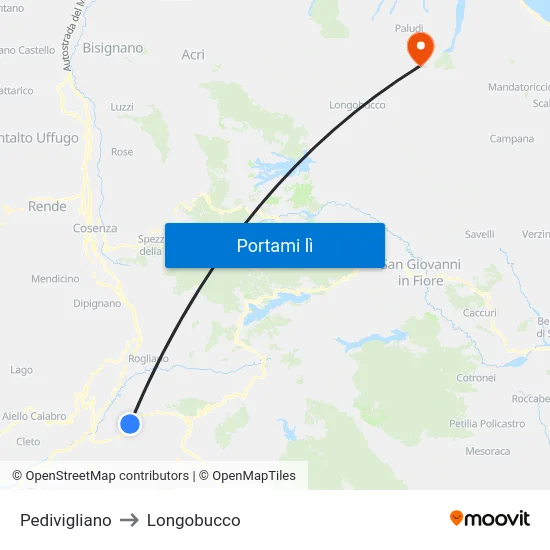 Pedivigliano to Longobucco map