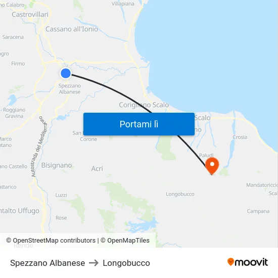 Spezzano Albanese to Longobucco map