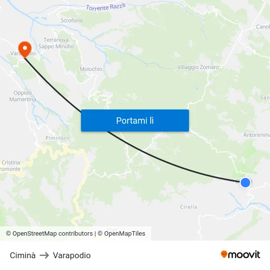 Ciminà to Varapodio map