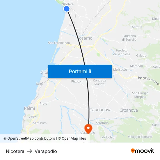 Nicotera to Varapodio map