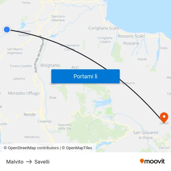 Malvito to Savelli map
