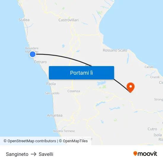 Sangineto to Savelli map