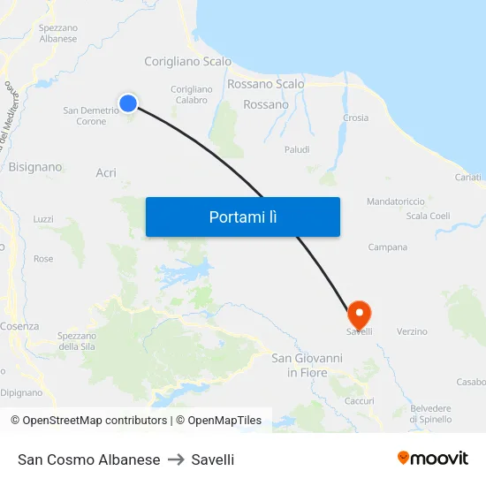 San Cosmo Albanese to Savelli map