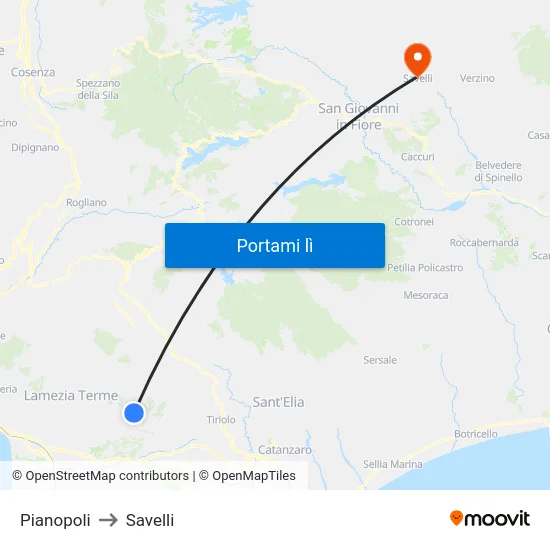Pianopoli to Savelli map