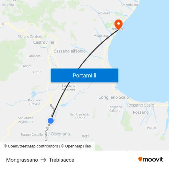 Mongrassano to Trebisacce map