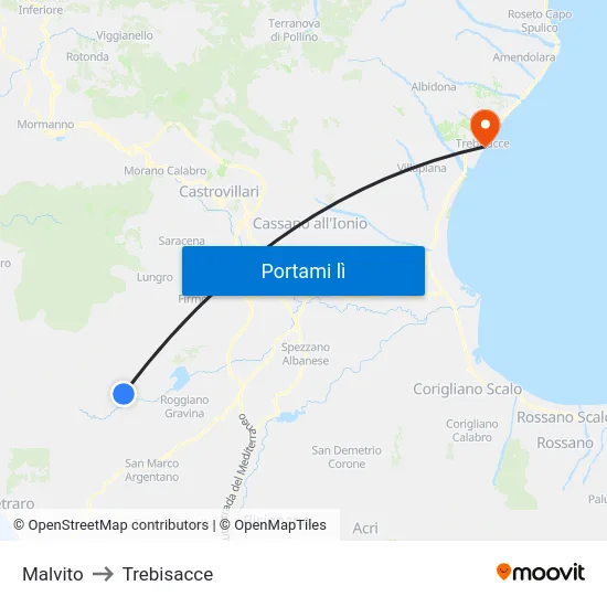 Malvito to Trebisacce map