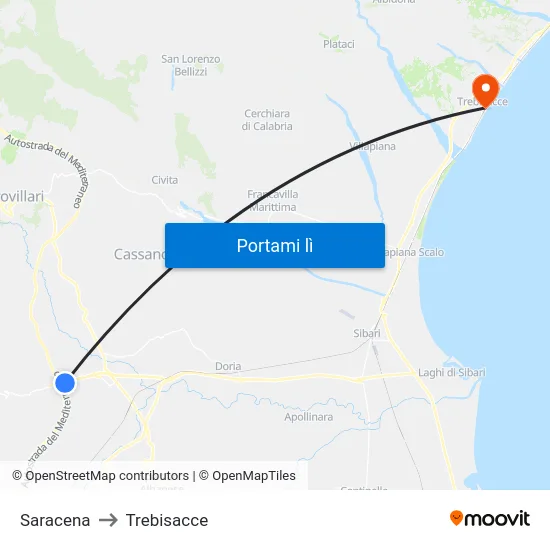 Saracena to Trebisacce map