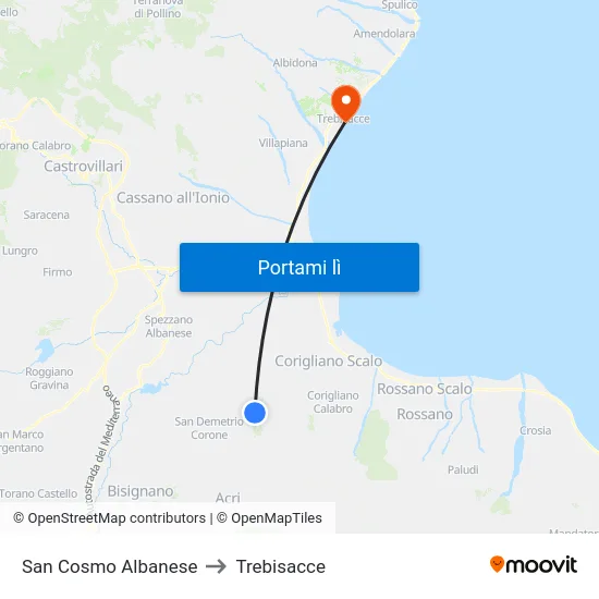 San Cosmo Albanese to Trebisacce map