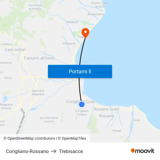 Corigliano-Rossano to Trebisacce map
