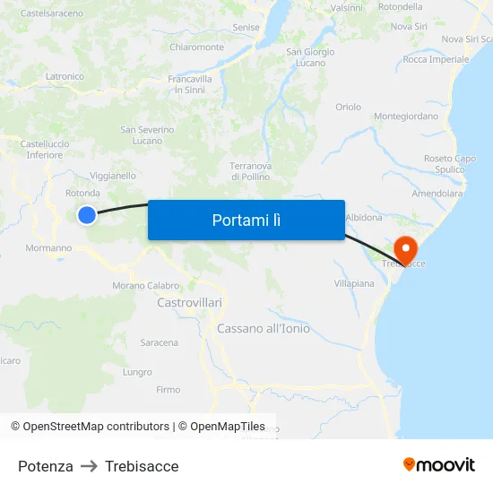 Potenza to Trebisacce map