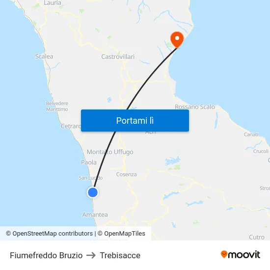 Fiumefreddo Bruzio to Trebisacce map