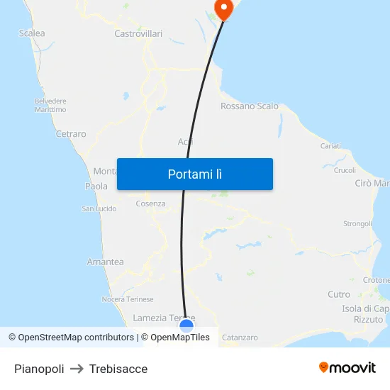Pianopoli to Trebisacce map