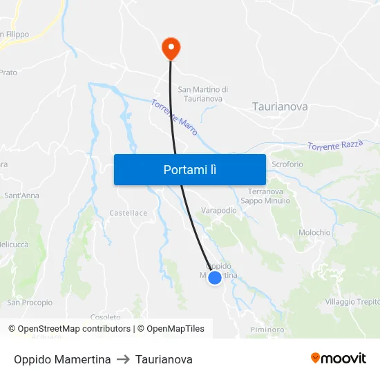 Oppido Mamertina to Taurianova map