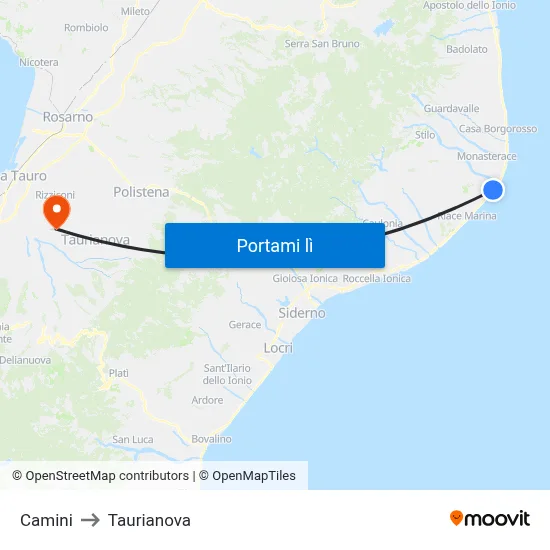 Camini to Taurianova map