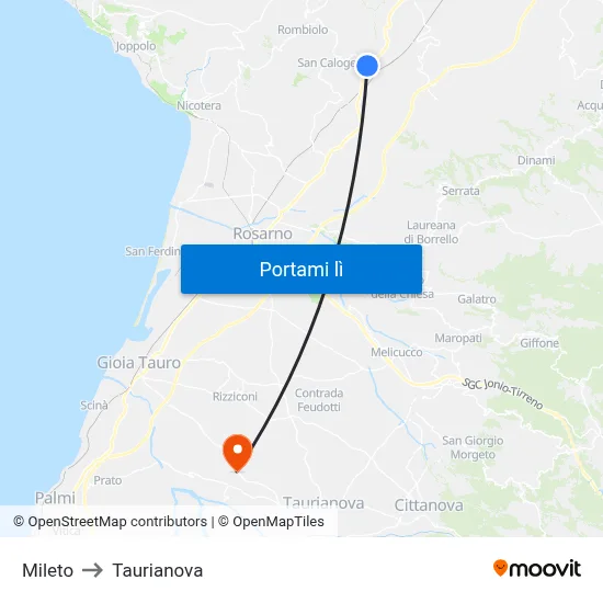 Mileto to Taurianova map