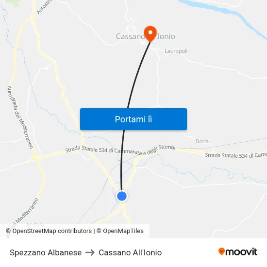 Spezzano Albanese to Cassano All'Ionio map