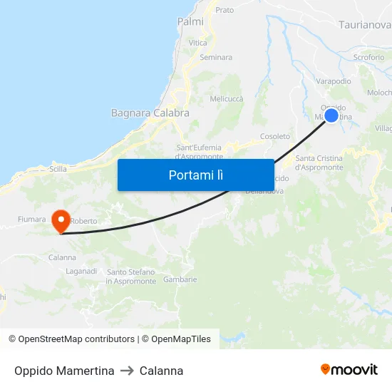 Oppido Mamertina to Calanna map
