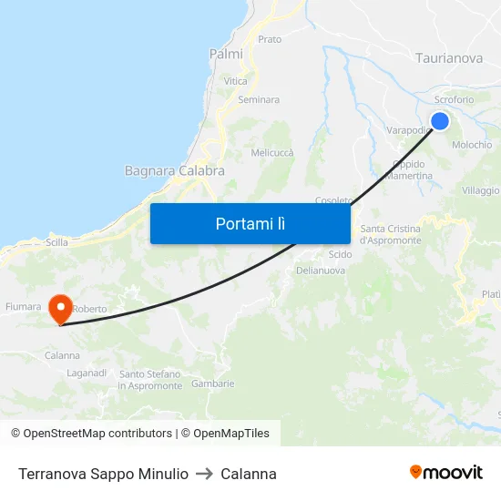 Terranova Sappo Minulio to Calanna map