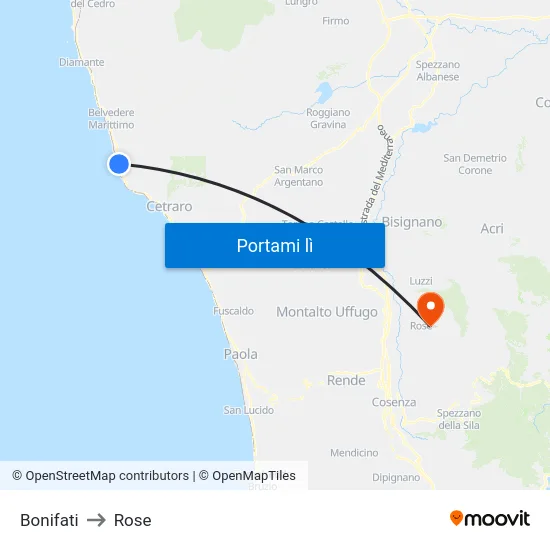 Bonifati to Rose map