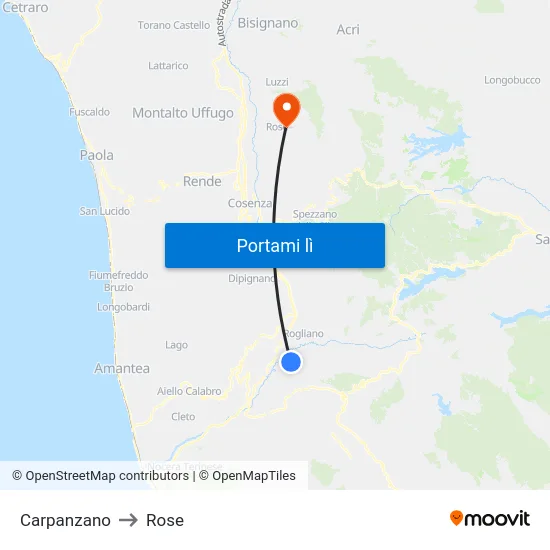 Carpanzano to Rose map