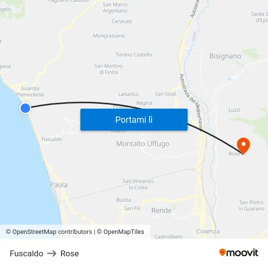 Fuscaldo to Rose map