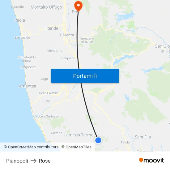 Pianopoli to Rose map