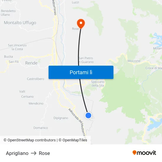 Aprigliano to Rose map