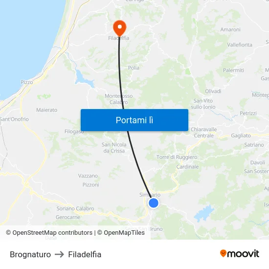 Brognaturo to Filadelfia map