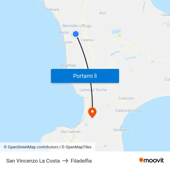 San Vincenzo La Costa to Filadelfia map