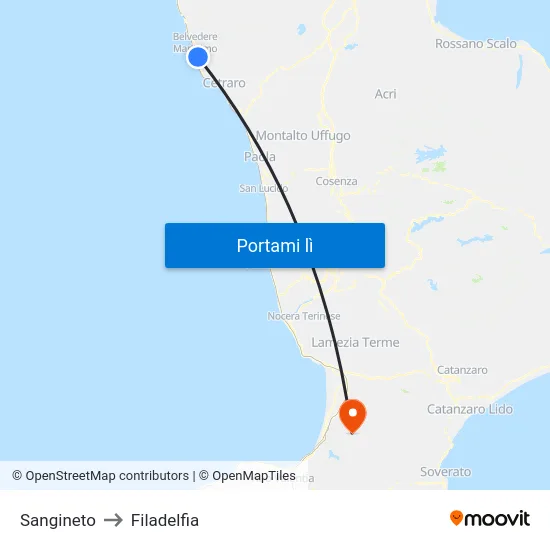 Sangineto to Filadelfia map