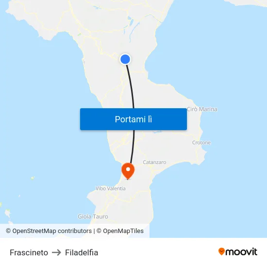 Frascineto to Filadelfia map
