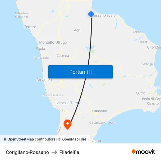 Corigliano-Rossano to Filadelfia map