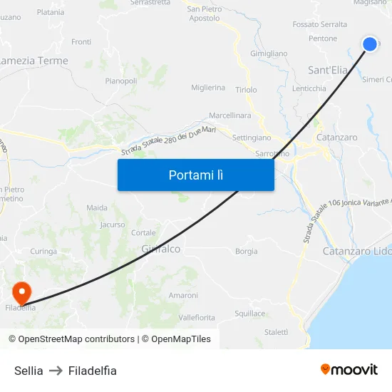 Sellia to Filadelfia map