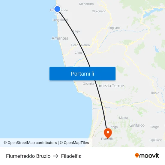 Fiumefreddo Bruzio to Filadelfia map