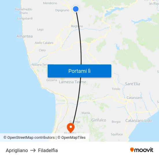 Aprigliano to Filadelfia map