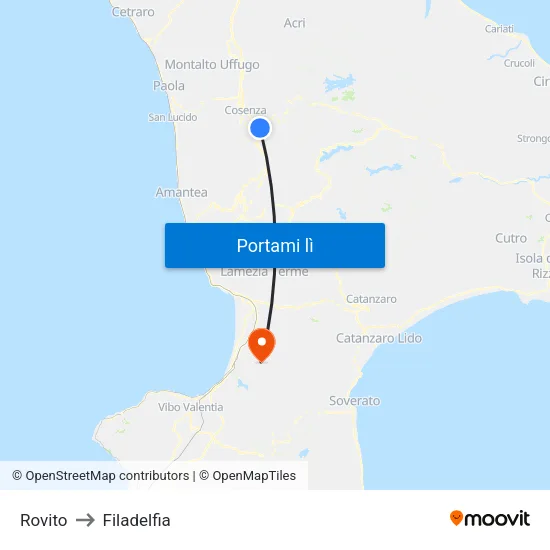 Rovito to Filadelfia map